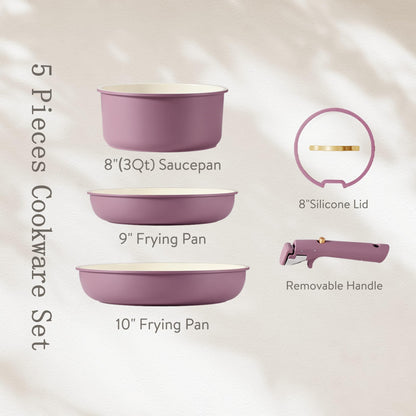 CAROTE 5pcs Pots and Pans Set, Nonstick Cookware Set Detachable Handle, Induction Kitchen Cookware Sets Non Stick with Removable Handle, RV Cookware Set, Gold and Purple