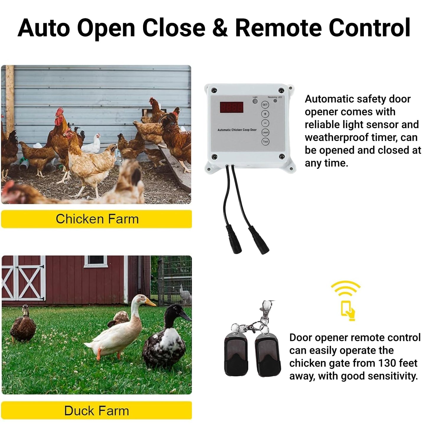 Automatic Chicken Coop Door Timer Remote Control Solar Powered Light Sensor Safe Opener Kit for Poultry Run Duck Coop(US Plug)