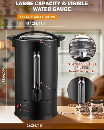 110 Cup Commercial Coffee Urn with Percolator, 1500W Upgraded Power, Quick-Brewing Coffee Maker With Auto Temp Control, Large Stainless Steel Hot Beverage Dispenser, Hot Water Urn For Events, Catering