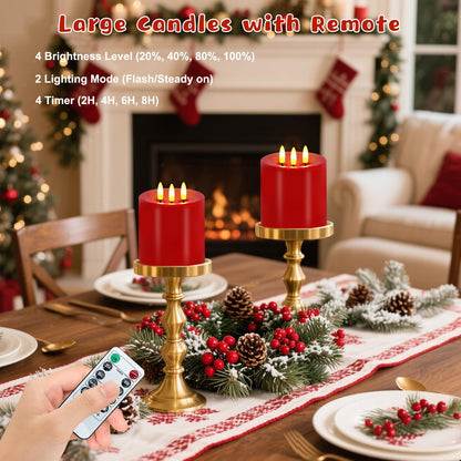 VEEKI Large 3 Wick Flameless Candles, 4"x4" Flickering Flameless Candles with Remote & Timer, Dimmable Real Wax LED Candles Battery Operated, Electric Pillar Candles for Home Xmas Decor (Red)