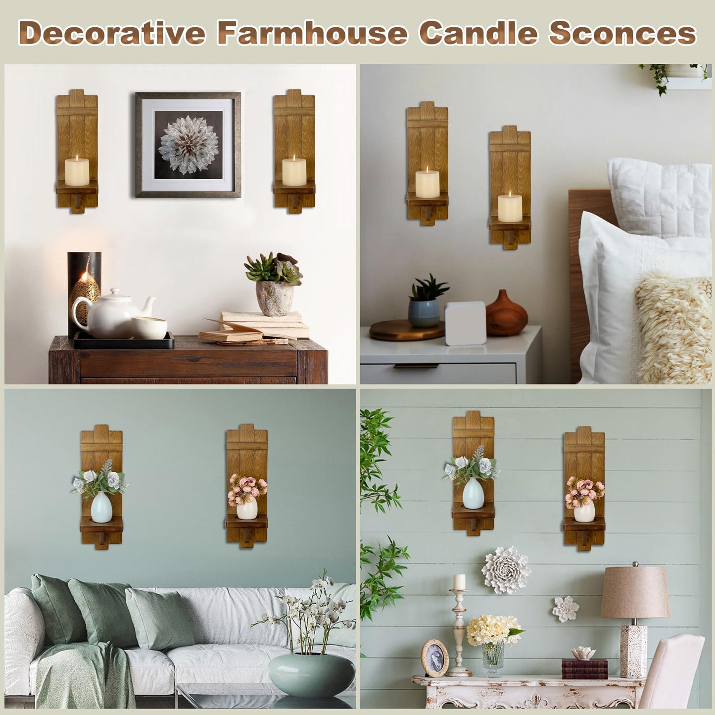 OwnMy Wood Wall Candle Sconces Set of 2, Brown Hanging Pillar Candle Holders Farmhouse Wall Decors, Rustic Candle Sconces Hanging Candlestick Holder for Living Room Fireplace Dining Room Bedroom