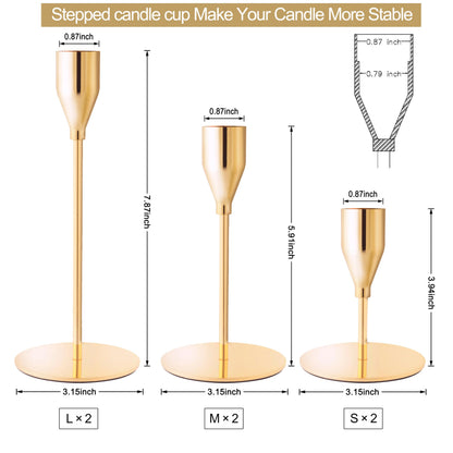 ECHFSM French Gold Taper Candle Holders for Wedding Table Centerpiece,Tall Taper Candlestick Holders Bulk Set of 6,Metal Candle Stick Holders for Dinning or Mantel Centerpiece,Party Home Decor
