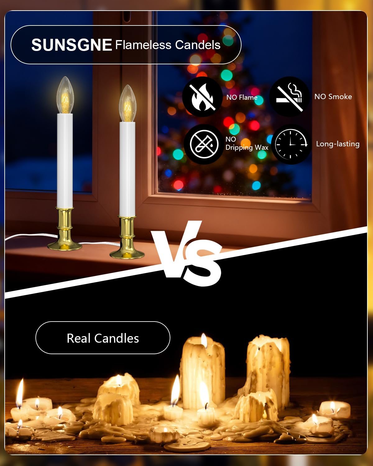 Electric Christmas Window Candles, Christmas Candles with Dusk-to-Dawn Auto Sensor - 7W C26 Light Bulbs, Turns On in Dark - Off in Light, Pack of 4