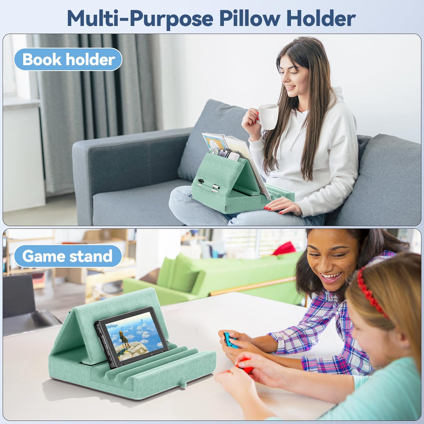 KDD Tablet Pillow Holder, Foldable iPad Stand for Lap, Bed and Desk -Tablet Soft Pad Dock with Pocket & Stylus Mount Compatible with iPad Pro 12.9, 10.5, 9.7 Air Mini 6 5 4 3, E-Reader