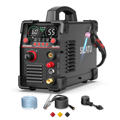 SILATU Plasma Cutter, STC550P 55Amps Pilot Arc Plasma Cutter Machine, 110/220V Dual Voltage LED Display Air Sensor, 9/16'' Clean Cut 7/10'' Max Cut, Mesh Cutting, PT/2T/4T for Beginners DIY (Black)
