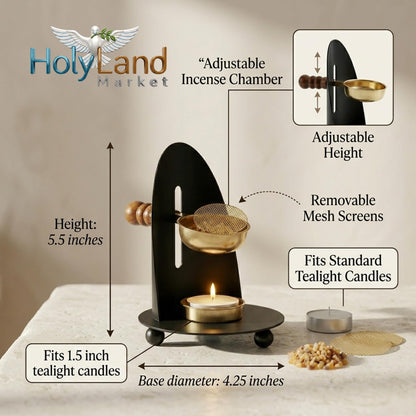 Brass Incense Burner Kit - Candle,Incense and 2 Mesh Screens, Adjustable Charcoal and Tea Light Bakhoor Burner for Resin, Myrrh, Copal at Home, Church, Meditation Space (Brass - Black - Model)