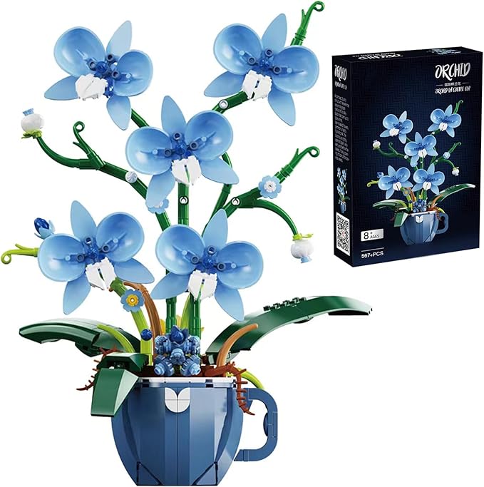 Blue Orchid Flower Building Set for Adults Coffee Cup Orchid Botanical Collection Plant Building Kit Home and Office Decor Gift for Christmas Day Valentines Birthday 567pcs