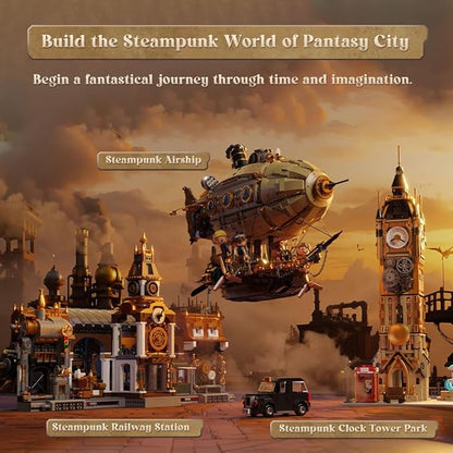 PANTASY Steampunk Airship Model Kit for Adults Dual-Layer Zeppelin with Gear-Driven Mechanical System DIY Building Blocks Set Retro Sci-Fi Construction Toy for Collectors &amp Display