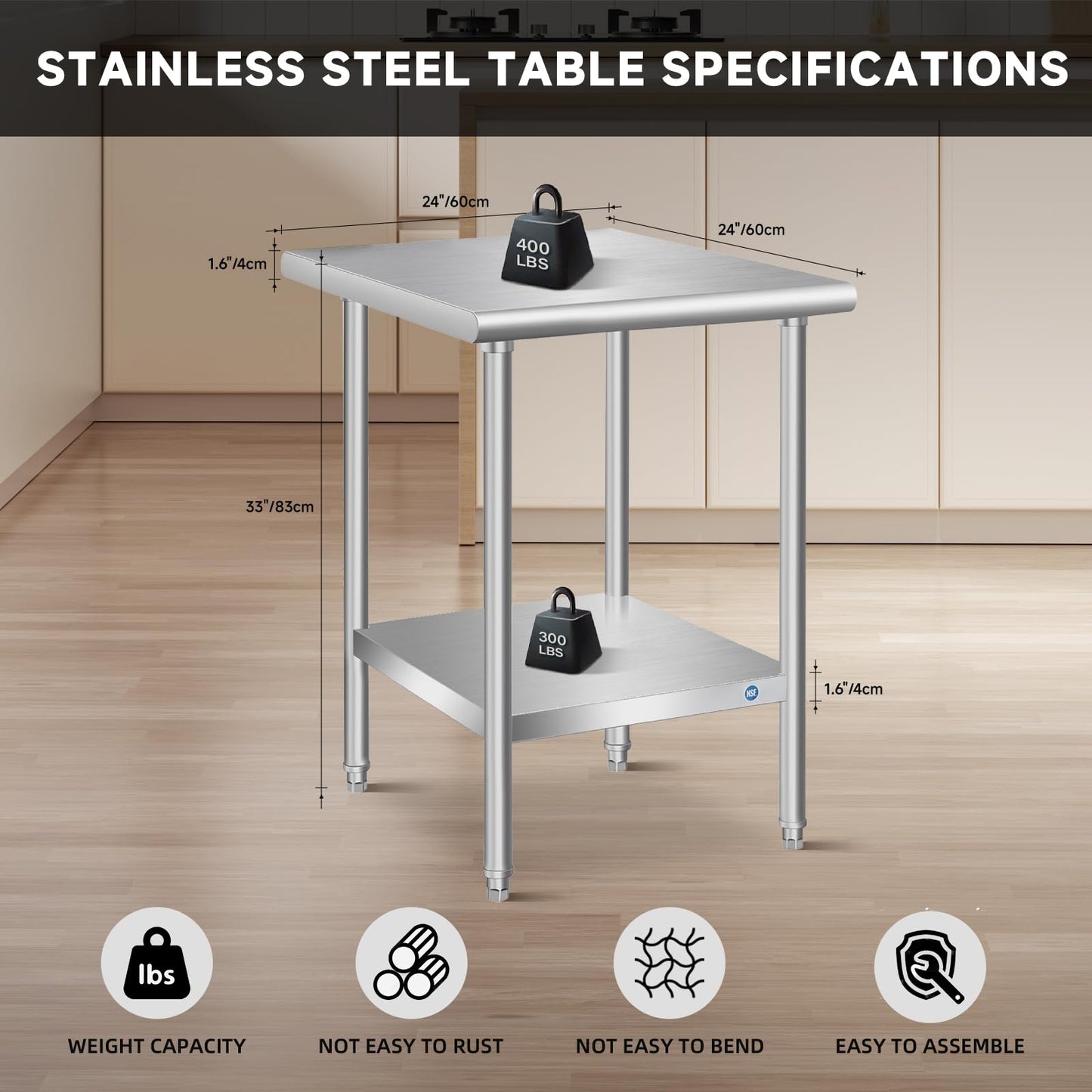 KUARBARR Stainless Steel Table 24 x 24 Inch, Commercial Stainless Steel Prep Table, NSF Metal Kitchen Prep Table for Restaurant Garage Storage