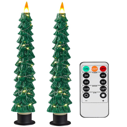 Fanzir Xmas Tree LED Flameless Taper Candles with Remote Control Timer 9.5‘’ Battery Operated Candle with String Lights 2Pcs for Christmas Gift or Special Festivals Decorations