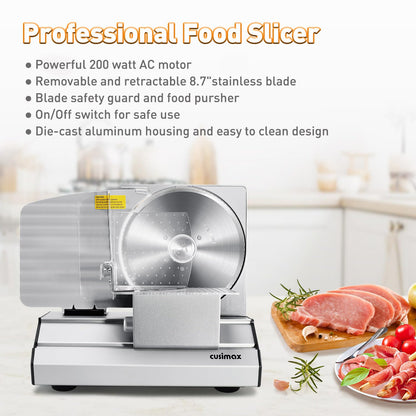Meat Slicer,CUSIMAX Electric Deli Meat Slicer with 2 Removable 8.7''Stainless Steel Blades,Removable Food Carriage,1-20mm Adjustable Thickness Food Slicer for Home,Easy for Cut Meat,Cheese,Bread