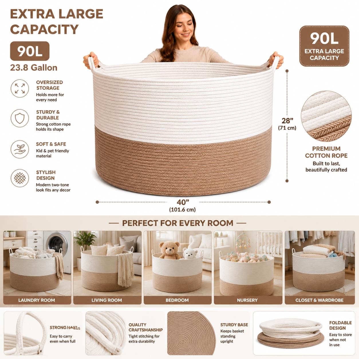 Handmade Large Cotton Rope Storage Basket, Cotton Rope Basket for Blankets, Woven Storage Bin for Bedroom Nursery, Clothes Hamper for Laundry, Large Laundry Hamper, 86L Tall Laundry Basket Blue