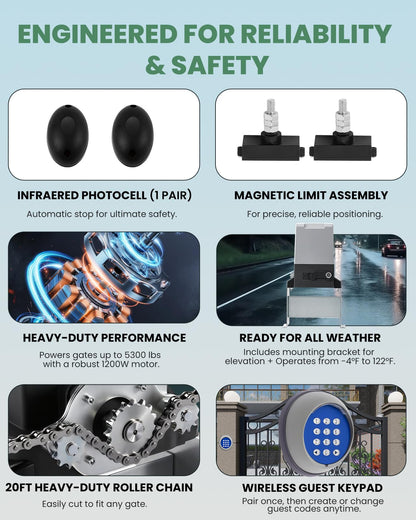 Spolehli 5300lbs Heavy-Duty Automatic Sliding Gate Opener with Chain Drive, 1200W AC Motor, WiFi/App& Keypad& Remote Control, Infrared Safety Sensor- Complete Kit for Driveway Slide Gates Up to 40ft