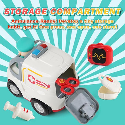 Remote Control Car for Kids - Cartoon RC Ambulance Toy for Toddlers 18+ Months Ages 2 3 4 5 Years Old Birthday Gifts for Boys with Lights &amp Sounds &amp Music