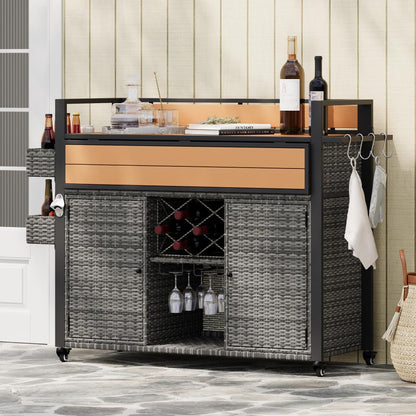 Dfchlda 52.8" Wicker Outdoor Grill Cart with Extended Plastic Wood Table Top, Rolling Kitchen Island with Storage Cabinet, Double Handle Design for Patio, Backyard, Garden, Poolside(Grey)