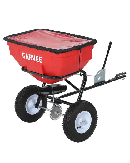 125 LBS Heavy Duty Tow Behind Broadcast Spreader, Adjustable Flow with 30 Settings, 9.8ft Spreading Width, Universal Hook for UTV/ATV/Tractor, Padded Control & Tool Pouch, Compatible with Fertilizer/G