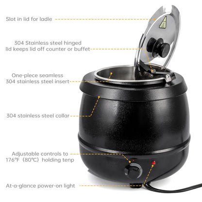 DEXSO 10.5Qts Commercial Soup Kettle Warmer with Hinged Lid and Detachable Stainless Steel Pot - Ideal for Parties, Buffets, and Catering Events