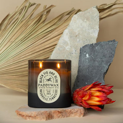 Paddywax Vista Scented Candle with Lid in Reusable Tonal Glass Jar, Clean-Burn 2-Wick Soy Candle with Approx. 84 Hour Burn Time, Decorative Gift Candles for Home, Black Fig & Olive, 12 oz