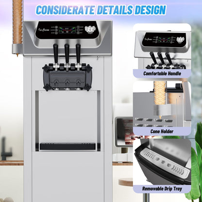 Commercial Soft Serve Ice Cream Machine 2200W, 5.8-8 Gal/Hr Yield, 2+1 Flavor with 2x7L Hopper & 3 Dispensers, Auto Clean & LCD Display for Restaurant Bars