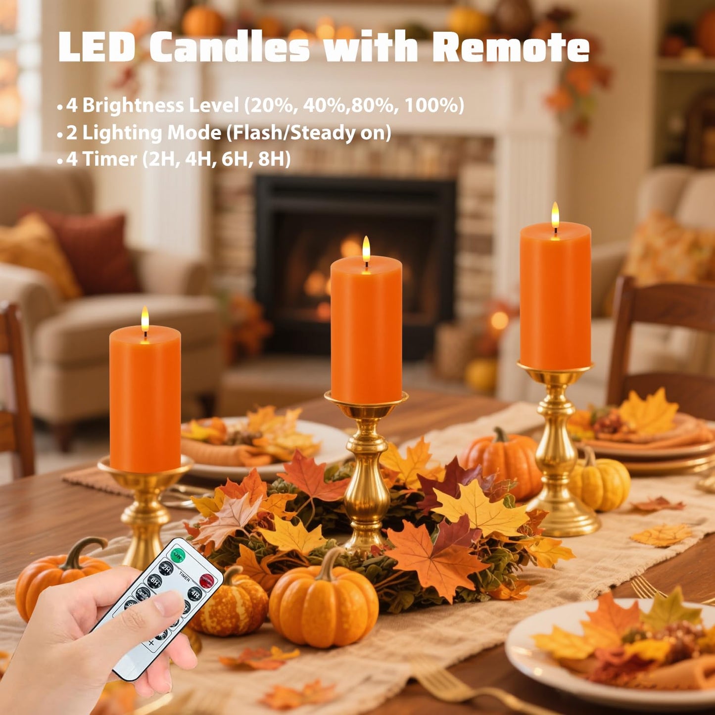 Orange Flameless Candles, Set of 2 7"x3" Flickering LED Candles with Remote & Timer, Dimmable Electric Pillar Candles Battery Operated, Candles Light for Fall Thanksgiving Halloween Decor (Orange)