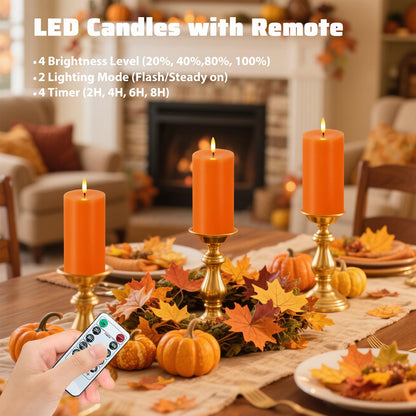 Orange Flameless Candles, Set of 2 7"x3" Flickering LED Candles with Remote & Timer, Dimmable Electric Pillar Candles Battery Operated, Candles Light for Fall Thanksgiving Halloween Decor (Orange)