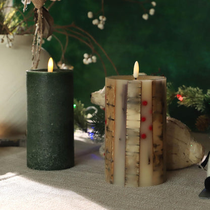 Real Birch Candles Flameless Embedded with Red Berries Christmas Flameless Candles with Remote Pillar Candles Battery Operated (3.5" × 6") - Real Wax, Unscented - for Christmas Decorations