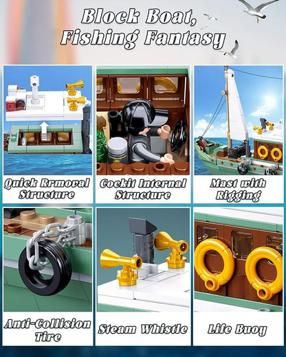 City Fishing Boat Building Kit with 3 Fisherman Minifigures Ship Building Sets with Fishing Rods &amp Buckets Christmas Birthday Gifts Toys for Kids Aged 6-12 Compatible with Lego Boat 610 PCS