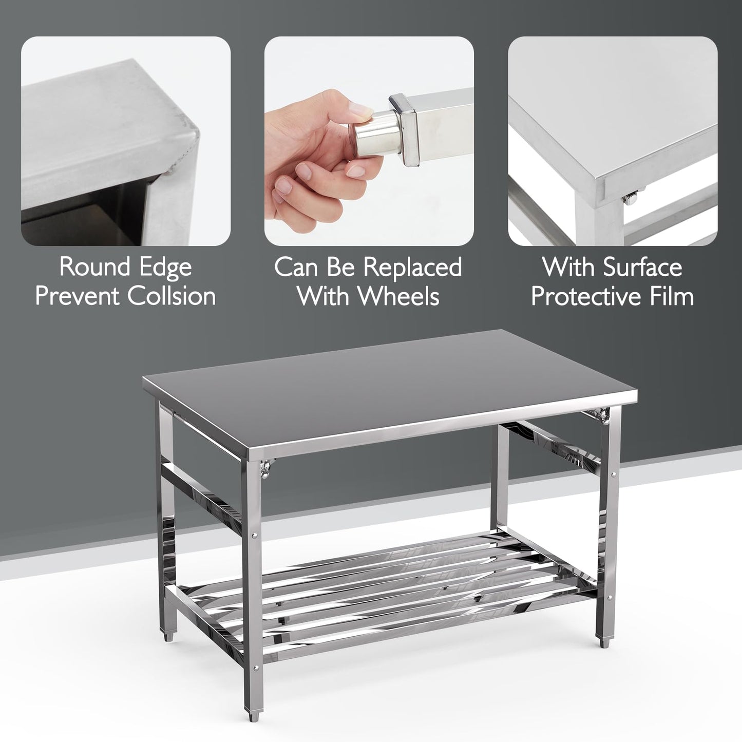 GlowSol Stainless Steel Prep Table 48 x 24 Inch, NSF Commercial Heavy Duty Stainless Steel Work Folding Table with Undershelf, Kitchen Island, Laundry Folding Table, Outdoor Cooking Table, Silver