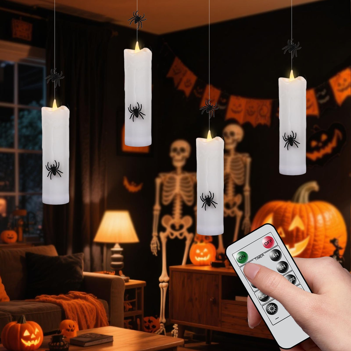 Wondise Halloween Flameless Floating Candle with Remote Timer, 4 Pack Battery Operated Hanging Candles with Spider Plastic LED Electric Candles for Halloween Decorations(White)