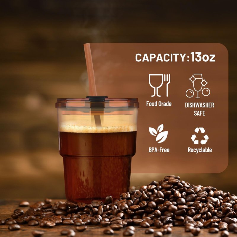 Luxfuel 13 oz Tumbler Water Glass Cups with Straw & Lid, Reusable Iced Coffee, Tea Cups, Leak-Proof Thick Wall Travel Glass Tumbler for Home, Office, Car Cup Holder Friendly, BPA Free (Amber, 2 Pack)