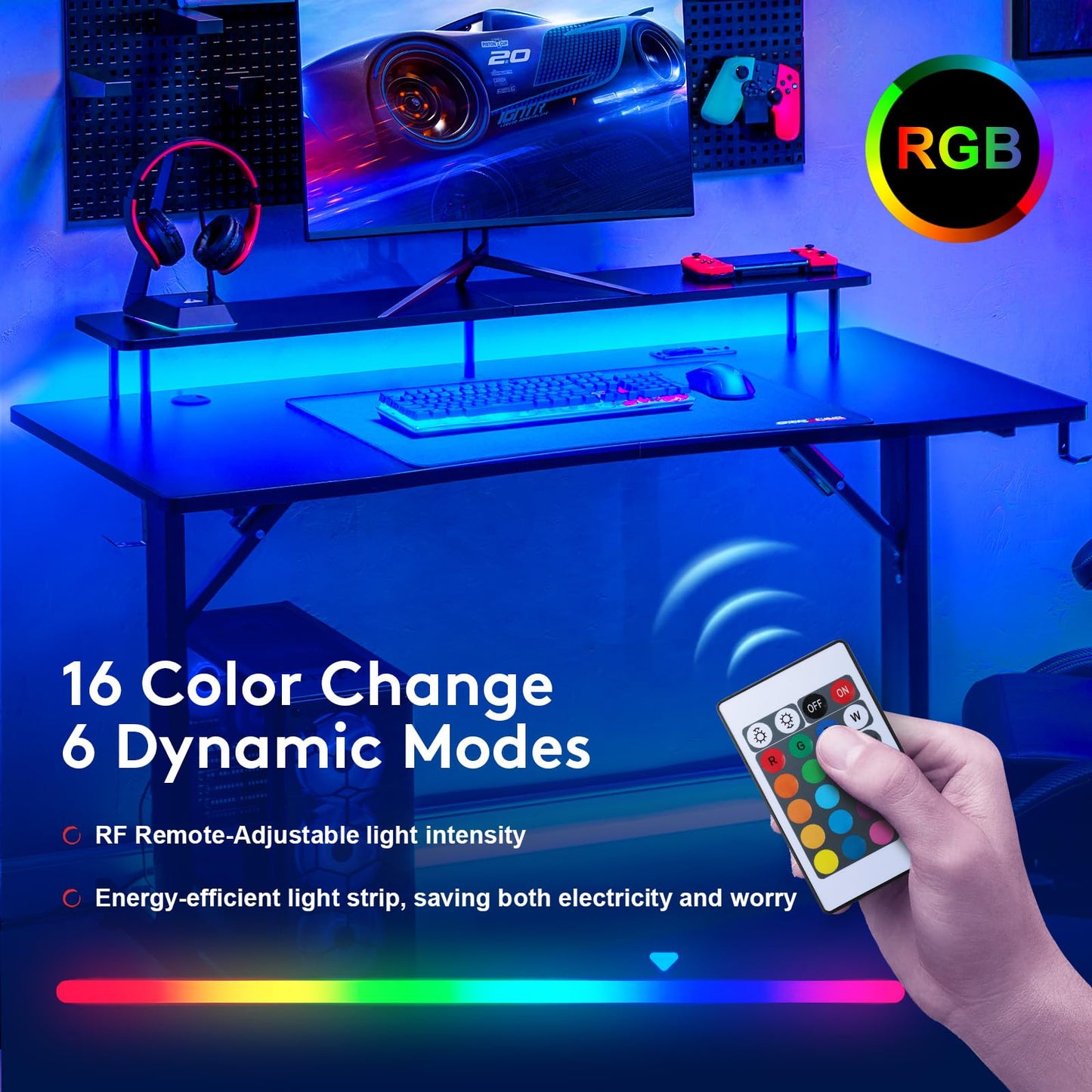 GTRACING 55 Inch Gaming Desk with LED Lights, Computer Gamer Desk with Monitor Stand, Ergonomic Carbon Fiber Surface Gaming Table with Mouse Pad for Home Office, RGB