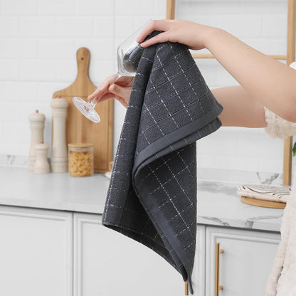 Homaxy 100% Cotton Terry Kitchen Towels(Dark Grey, 20 x 28 inches), Checkered Designed, Soft and Super Absorbent Dish Towels, Large 4 Pack