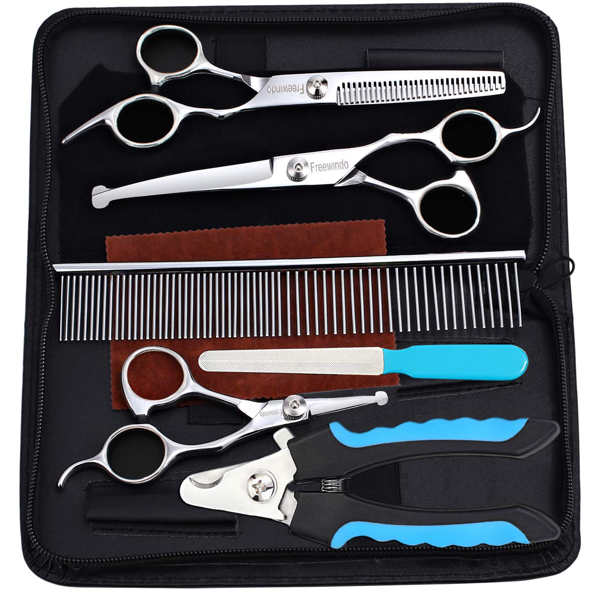 Freewindo Dog Grooming Scissors Kit, Safety Round Tip, Heavy Duty Stainless Steel Dog Scissors and Nail Clippers, 6 in 1 Dog Grooming Kit
