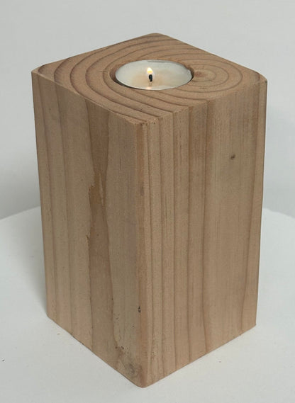 6" Tall Wood Tea Light Candle Holder Block (Natural Wood)