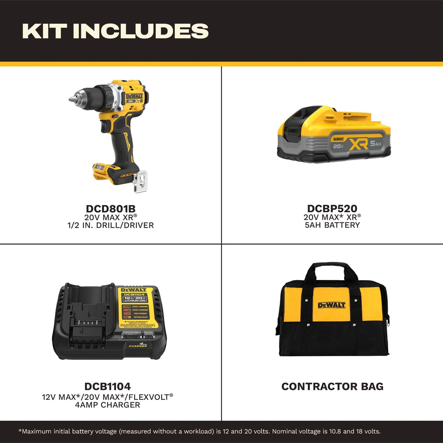 DEWALT Drill Set 20V MAX XR, 1/2 in. Brushless Cordless Drill Driver Kit With 5AH POWERSTACK Battery and Charger, LED Light, Dual Speed (DCD801H1)