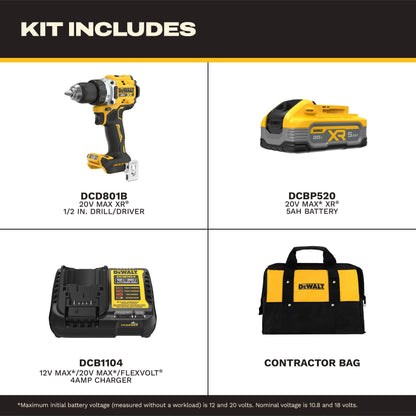 DEWALT Drill Set 20V MAX XR, 1/2 in. Brushless Cordless Drill Driver Kit With 5AH POWERSTACK Battery and Charger, LED Light, Dual Speed (DCD801H1)