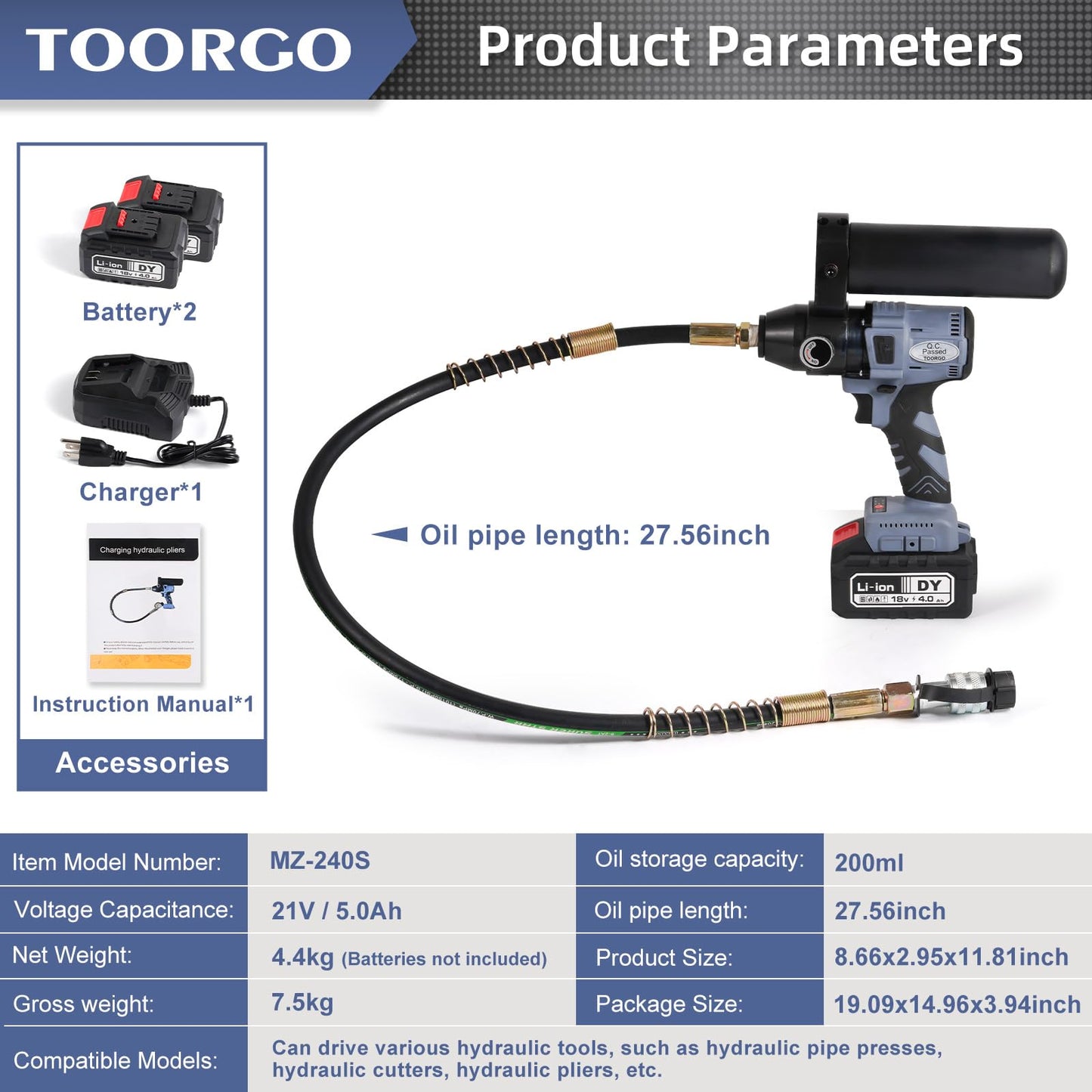 TOORGO Electric Hydraulic Pump, ZG3/8" Oil Outlet, 2.3 ft Pipe,10000 Psi Rechargeable Portable Hydraulic Pump for Hydraulic Jack or Hydraulic Tool