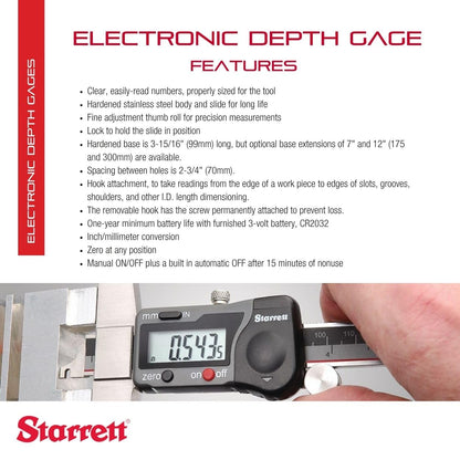 Starrett Electronic Depth Gage with Clear, Easily-Read Numbers, Fine Adjustment Thumb Roll and Removable Hook - 0-6" Range, .0005" Resolution - 3753A-6/150