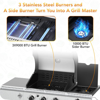 3-Burner Propane Gas Grill with Side Burner,Stainless Steel BBQ Grill with Porcelain-Enameled Cast Iron Grates,37000 BTU Barbecue Grill, Suitable for Patio,Camping,Outdoor Cooking