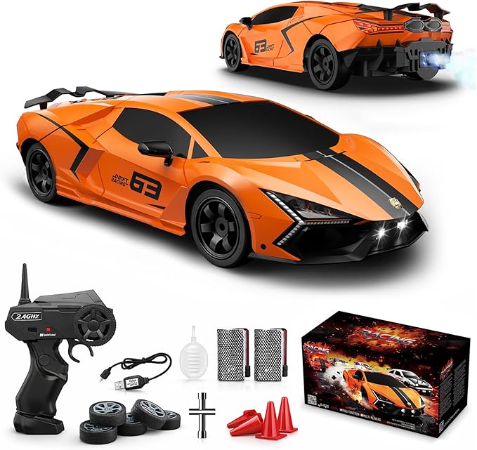 RC Drift Car 1:16 Remote Control Car 2.4Ghz High Speed RC Cars 4WD Racing Sport Toy Cars with LED Lights Spray Drifting Tires 2 Batteries for Kids Boys Girls Adults Birthday Christmas