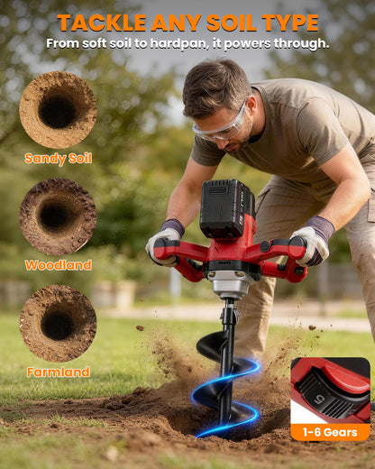 42V Cordless Post Hole Digger with 2x4.5Ah Batteries & Dual Chargers, 1200W Brushless Earth Auger for Fence Post with 6" Drill Bit, 85Nm High Torque Electric Hole Digger for Hard Soil, 800RPM