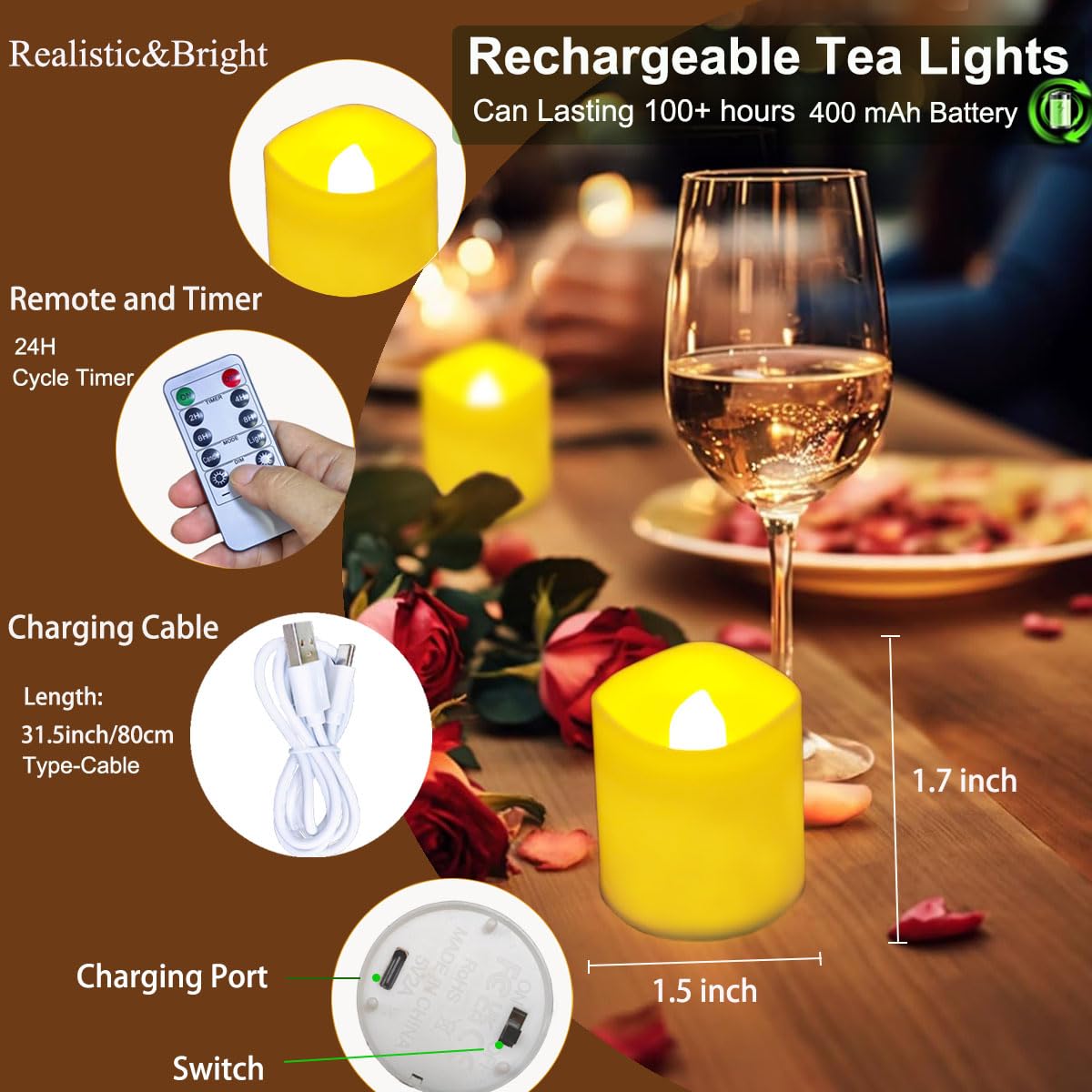 6 Pack Rechargeable tea lights with Remote Timer & Charging Base, Realistic Flickering Flameless Votive Led Tea Lights Candles, Tealights Candles for Wedding,Halloween,Christmas,Home Decorations
