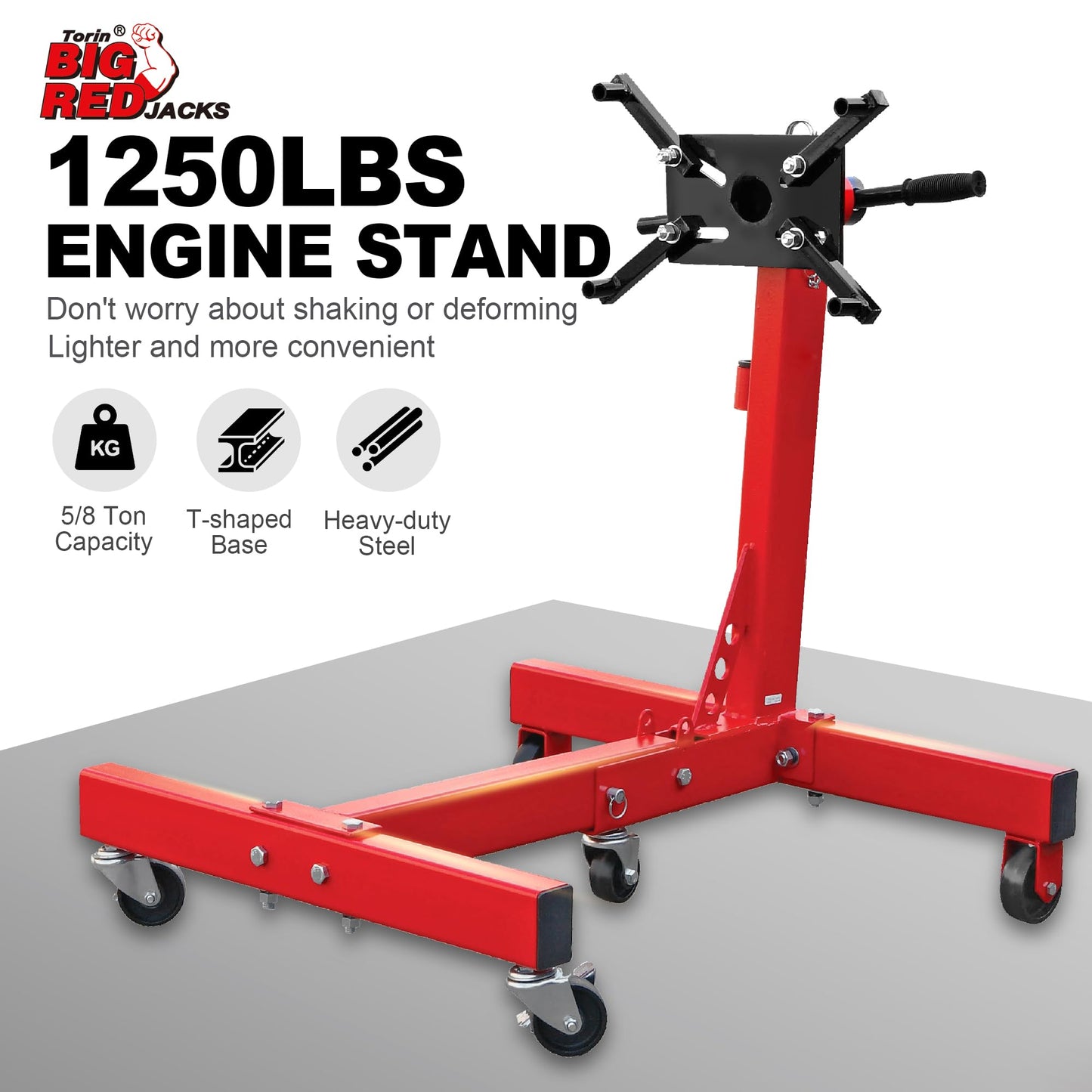 BIG RED Steel Rotating Engine Motor Stand,3/4 Ton (1,500 lbs) Capacity with Foldable Frame,5 Casters, 4 Adjustable Arms,360 Degree Rotating Head,for Vehicle Maintenance, Auto Repair,Red,AT37912-1