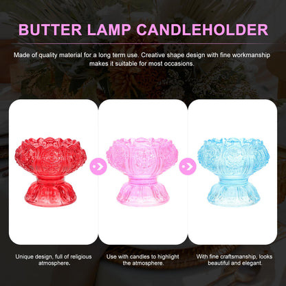 Alipis 3pcs High Base Glass Candleholders Set, Religious Butter Lamp Candle Holders with Blue, Red, and Pink Small Crystal Glass Tealight Stands for Home Décor and Spiritual Use