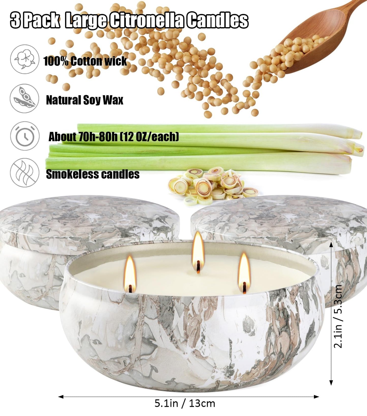 Citronella Candles Outdoor, 3 Pack 12oz Large Citronella Candle 3-Wick Natural Soy Wax Summer Candle Set 240 Hours Long Lasting Burning Huge Scented Outdoor Indoor Candles for Garden Yard (Gray)