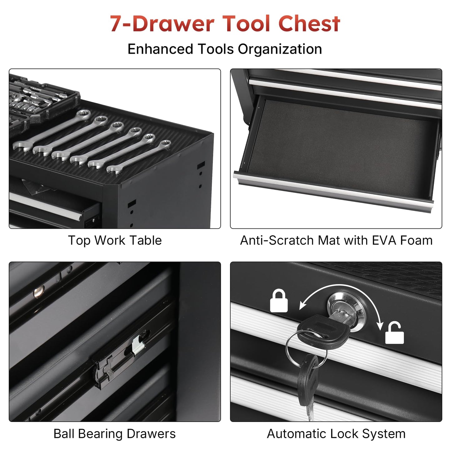 Rovibek 7-Drawer Rolling Tool Chest, Metal Rolling Tool Box with Lockable Drawers, High Capacity Tool Storage Cabinet for Garage, Workshop, Warehouse, Mechanics, Repair Shop (Black)