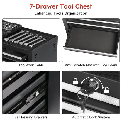 Rovibek 7-Drawer Rolling Tool Chest, Metal Rolling Tool Box with Lockable Drawers, High Capacity Tool Storage Cabinet for Garage, Workshop, Warehouse, Mechanics, Repair Shop (Black)