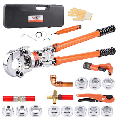 HZLZRZ Professional Universal Pipe Crimping Tool Kit, 6 Dies for Copper 1/2" 3/4" 1" and F877 PEX, with 3/8",1/2",5/8",3/4",1" ASTM F1807 PEX Rings and Pipe Cutter, Pro Press Crimper (MCT-1632C)