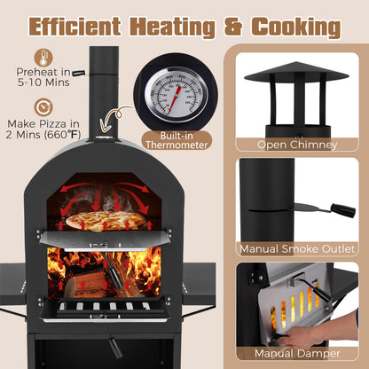 LDAILY Outdoor Pizza Oven, Wood Fired Pizza Maker with Side Shelves, Cooking Grids, Cover, Pizza Stone & Peel, Patio Portable Pizza Stove for Backyard, Camping & Party, Black