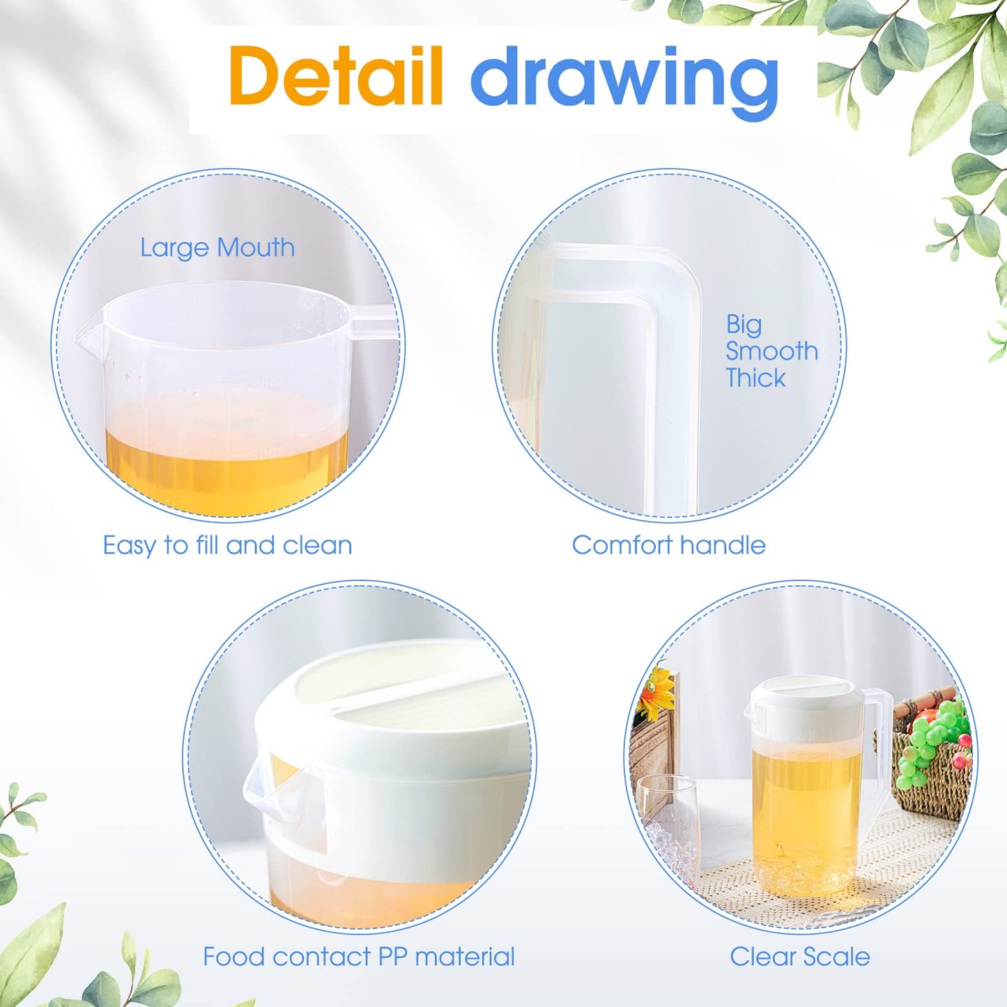 3 Pcs 0.67 Gallon 2.5 Liter Water Pitcher Set Plastic Pitcher with Lid Measurement 3 Position Lid for Hot Cold Drinks Lemon Juice Beverage Ice Tea Dishwasher Safe, 85 Oz (Clear and White)